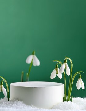 White empty podiums on snow on pale green background with snowdrop flowers. Springtime concept