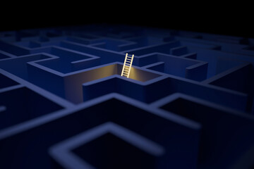 3D render of a glowing ladder rising from a dark blue maze. Conceptual art representing creative solutions, business strategy, overcoming obstacles, and finding a way out of complex problems. © alones