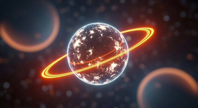 A glowing planet with fiery rings, surrounded by blurry orbs in a dark, cosmic scene
