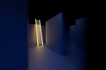 glowing white ladder leaning against a dark blue wall in a minimalist maze. Concept of finding a way out, career growth, problem-solving, and hope in a complex situation © alones