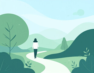 Obraz premium A girl walks along a winding path among green hills and trees. The minimalist illustration in calm tones symbolizes the path to the goal, harmony with nature, and inner peace.