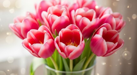 Obraz premium Pink and white tulip flowers in a bouquet for Spring interior decoration. Floral background for birthday, Mother Day, or Easter.