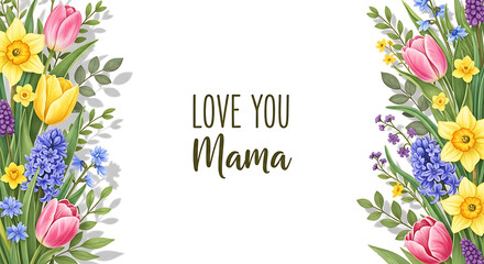 Fototapeta premium A colorful floral card with the words 'Love You Mama' on a white background