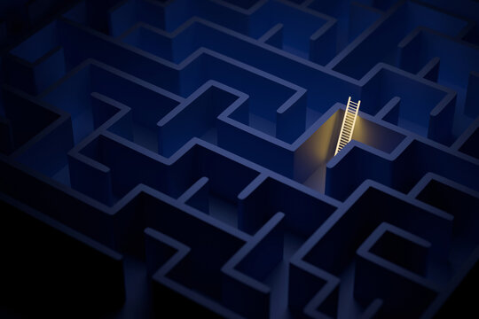 glowing yellow ladder inside a complex dark blue maze. Metaphor for strategic thinking, finding a shortcut to success, and hope in a complicated business environment. Creative idea, startup