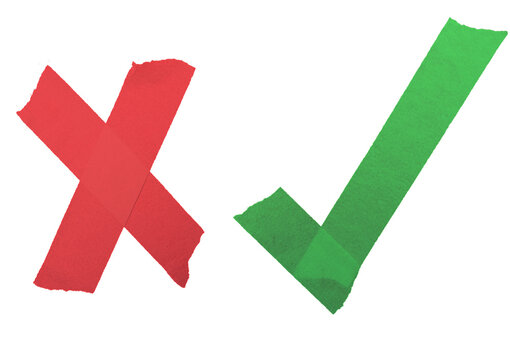 Red cross mark and green check mark made of torn adhesive tape strips isolated on transparent background, voting choice symbol concept png