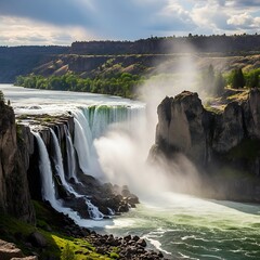 Majestic Waterfall Cascading Down Rocky Cliffs in Scenic Landscape.