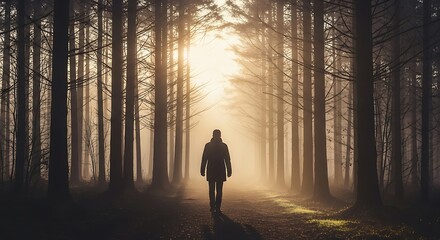 Fototapeta premium Person walking alone through misty forest towards sunlight