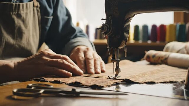 Artisan using a vintage sewing machine to stitch fabric with expertise creating a garment or item