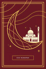 Fototapeta premium Modern Eid Mubarak Greeting Card with Elegant Crescent Moon Artwork.eps