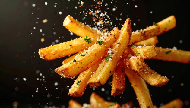 Elevated culinary delight: crispy yuca fries with seasoning in mid-air delight
