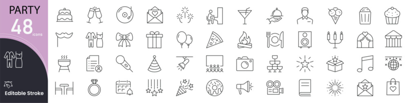 Party icon set. Celebration and event related line icons. balloons, confetti, cake, music, dance, drinks, decorations, party hat, invitation, fireworks and more. Editable stroke.