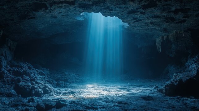 Mysterious cave illuminated by striking beams of light from above
