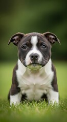Adorable Staffordshire Bull Terrier Puppy Sitting on Green Grass.