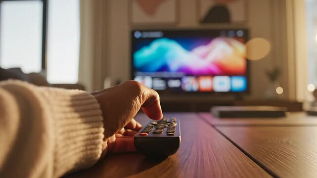 Person using a television remote control in a cozy living room, watching streaming services on the smart tv