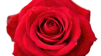 A close-up of a single red rose on a white background