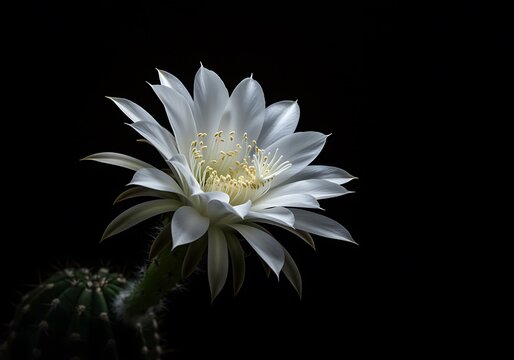 A large white flower on a small green cactus with sharp spines against a dark background