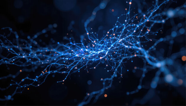 Blue glowing fractal spider web with dewdrops in space