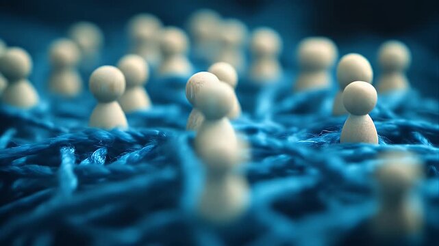 Tiny figures nestled within a textured, deep blue fabric