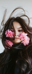 Naklejka premium Beautiful woman with flowers in her hair, perfect for cosmetics beauty skin care advertising product placement banners