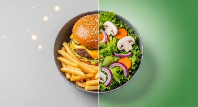 Split screen with healthy salad and junk food burger and fries
