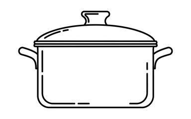 Simple black line art icon illustrating a traditional cooking stockpot with a fitted lid and side handles suitable for various culinary applications and food preparation graphics.