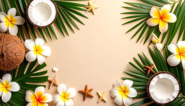 Elegant Hawaiian Luau themed flat lay with tropical flowers and coconuts