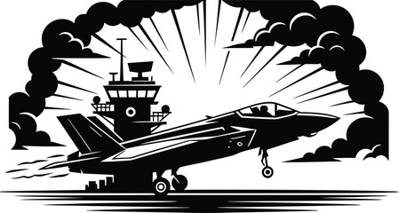 Military fighter jet plane taking off from aircraft carrier deck with sun rays and smoke clouds black and white vector illustration for aviation.
