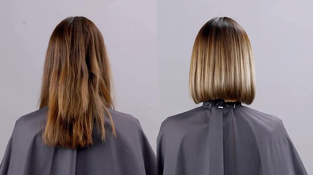 Split-screen composition comparing woman with long blonde hair split ends dull texture to same with shorter healthy cut luminous shine smooth texture. Realistic satisfying salon advertising