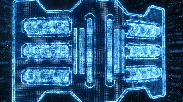 Glowing blue holographic circuit board with symmetrical capacitor connector module patterns and vertical bus lines, glowing futuristic digital energy module emitting particle vortex nebula light