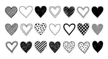 Collection of various black and white heart shapes and patterns on white background