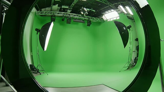 A studio setup with green screen, lights, and reflection. View is framed by a black ring