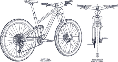 Mountain bike technical drawing with detailed side and front views showing full suspension frame components isolated vector blueprint illustration © Art_By_Shoriphul