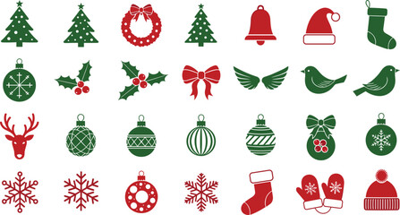 Christmas holiday icon collection with red and green festive symbols including tree ornaments wreath snowflake reindeer and winter accessories isolated set © World_Of_Vector