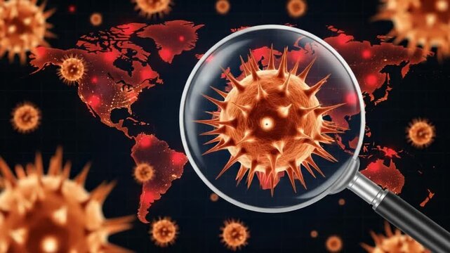 Magnified view of a coronavirus cell with a world map and various virus particles in the background