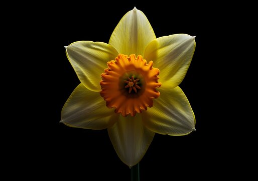 Closeup of a single yellow daffodil flower with orange center and six petals on dark background