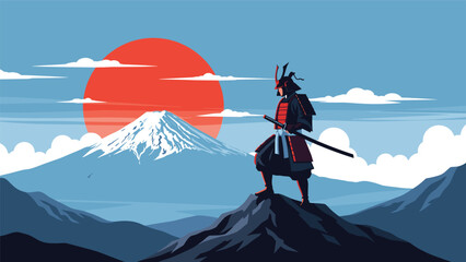 Noble samurai warrior in traditional armor stands on a rocky mountain peak looking towards Mount Fuji under a rising sun. © MS