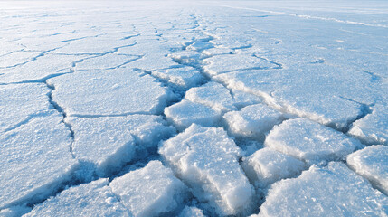 Abstract close-up of fractured ice formations on a frozen surface, with deep cracks creating a stark, textured pattern.