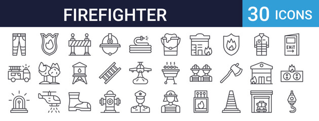 Obraz premium Firefighter Safety Icons Set of 30 Thin Line Vector