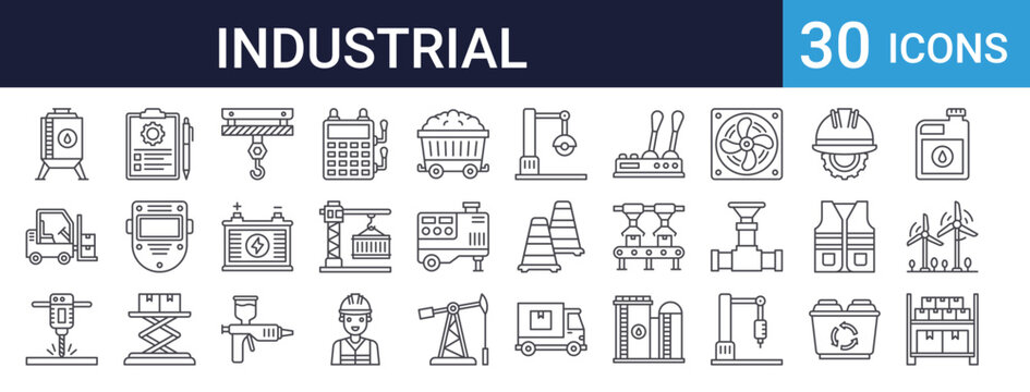 Industrial Factory Icons Set of 30 Thin Line Vector