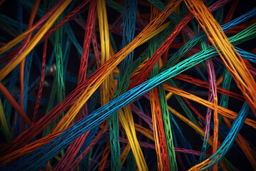 Colorful wires crossing diagonally across entire frame, abstract pattern design