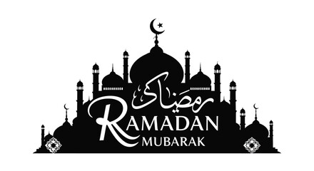 Fototapeta premium Ramadan Mubarak greeting with a silhouette of a mosque and crescent moon