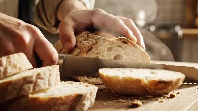 Close-up of a baker slicing freshly baked artisan bread with steam rising on a wooden cutting board