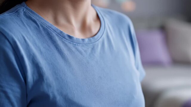 Close up of a woman wearing a blue t-shirt in a casual setting.