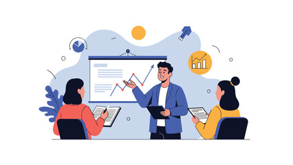 Fototapeta premium Confident male professional delivers a business presentation to his attentive colleagues using a whiteboard with growth charts.