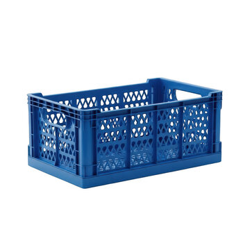 Blue plastic crate used for storage and transport of goods in various industries