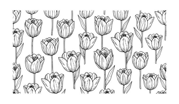 Retro Monochrome Tulip Pattern &ndash; Vintage Black Floral Silhouette Background