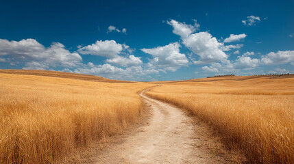 Fototapeta premium Golden wheat field under a vast blue sky with fluffy white clouds, a winding dirt path leads into the distance.