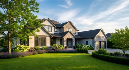 Spacious modern suburban home with well-maintained lawn and garden.