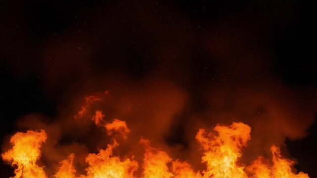 Vibrant orange flames rising against a dark background with smoke and sparks