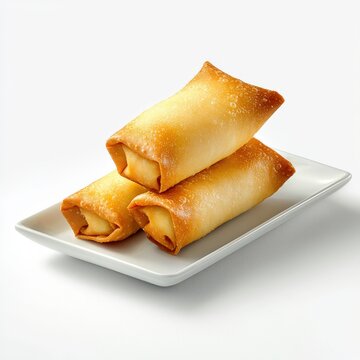 Three golden crispy sp rolls with a crunchy exterior and filled with savory ingredients, served on a elegant white rectangular plate against a plain white background